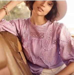 Anthropologie  Aderyn Puff-Sleeved Lace Blouse Lavender Purple Cottagecore S